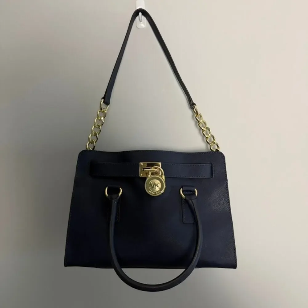 Michael Kors Navy Saffiano Leather Gold Hardware Hamilton Medium Satchel